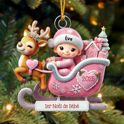 Décoration Sapin Noël Personnalisée en forme de Traîneau - 1er Noël de Bébé (Design imprimé – non 3D)
