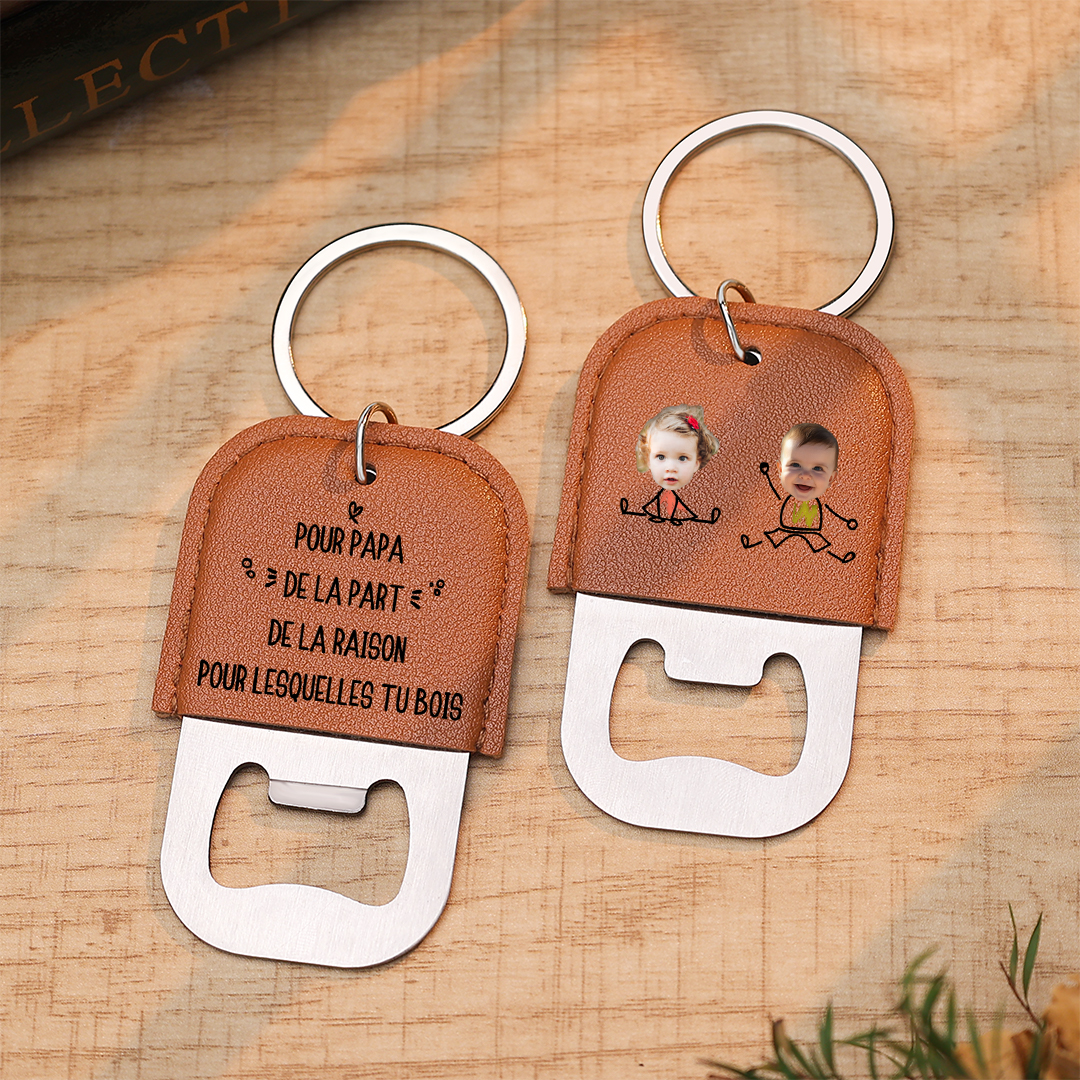 Porte-Clés Personnalisé en cuir, Décapsuleur pour Papa, personnalisé avec 1 à 6 Prénoms d’enfants et Photos