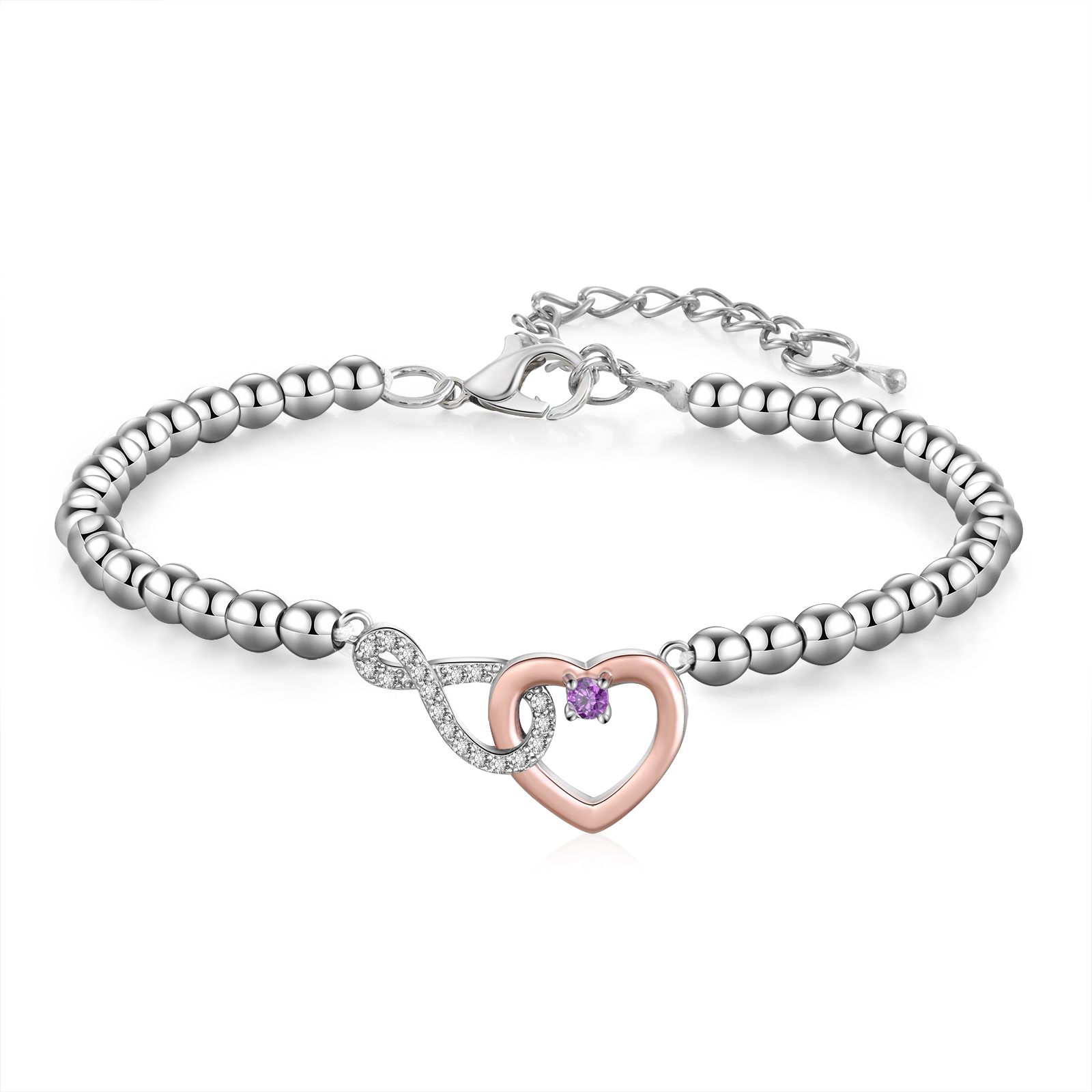 Bracelet Infini Cœur Personnalisé avec Pierres de naissance et Perles pour Femme