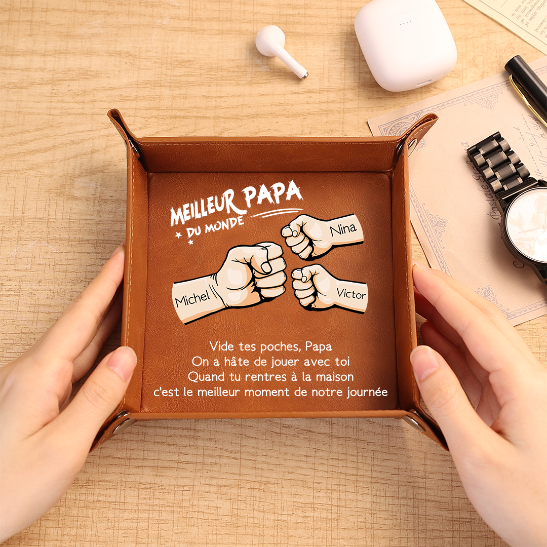 Vide-poche en cuir personnalisé pour papa avec 1 à 6 Prénoms et motif Poing