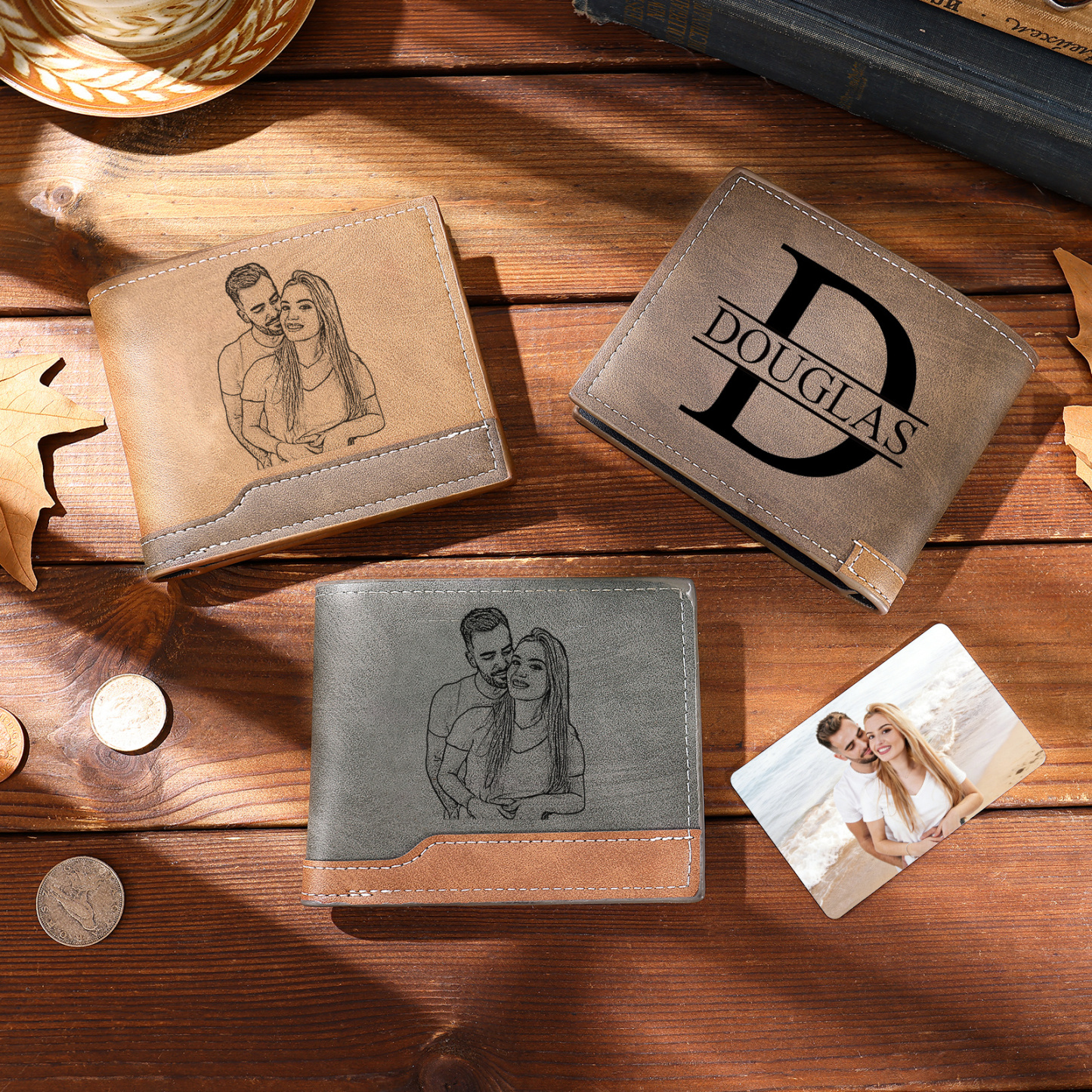 Portefeuille Homme Bicolore Personnalisé en cuir PU, à deux volets, personnalisé avec Photo, Calendrier, Initiales ou Prénom