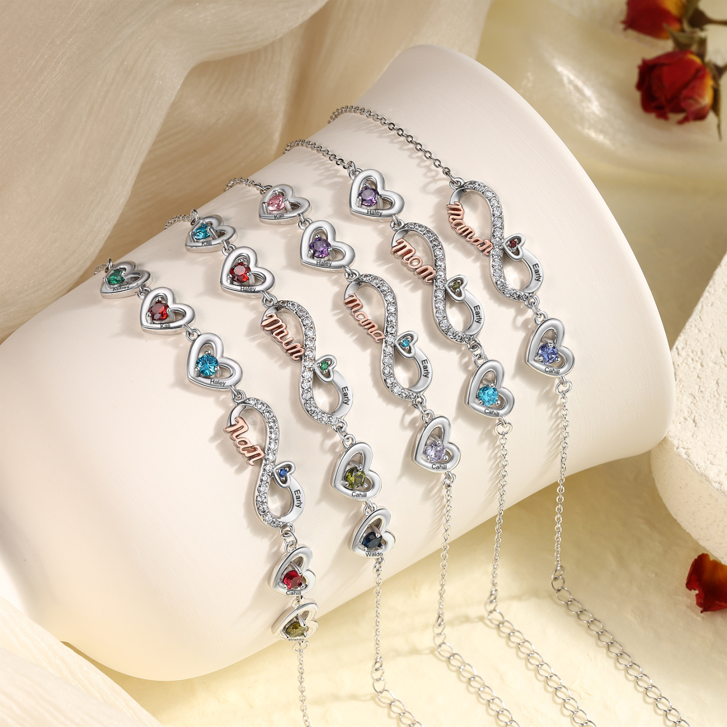 Bracelet Cœur Infini Personnalisé avec Pierres de naissance pour Maman, personnalisable avec 2 à 6 Prénoms