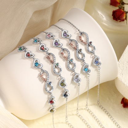 Bracelet Cœur Infini Personnalisé avec Pierres de naissance pour Maman, personnalisable avec 2 à 6 Prénoms