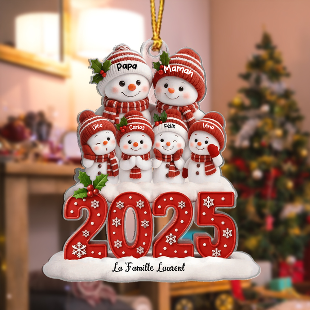Décoration Sapin Noël personnalisé Famille de Bonshommes de Neige 2025