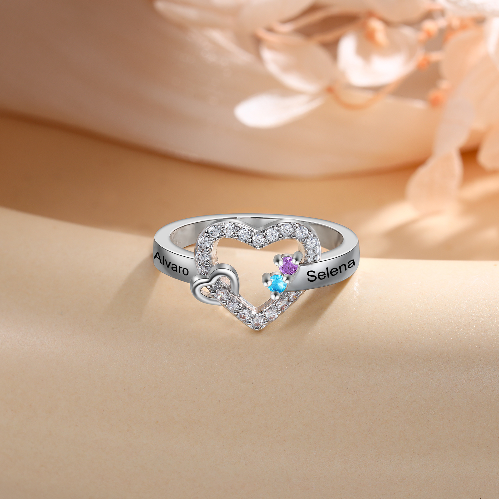 Bague Double Cœur Personnalisée avec 2 à 4 Pierres de Naissance et Prénoms