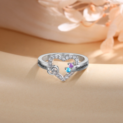 Bague Double Cœur Personnalisée avec 2 à 4 Pierres de Naissance et Prénoms