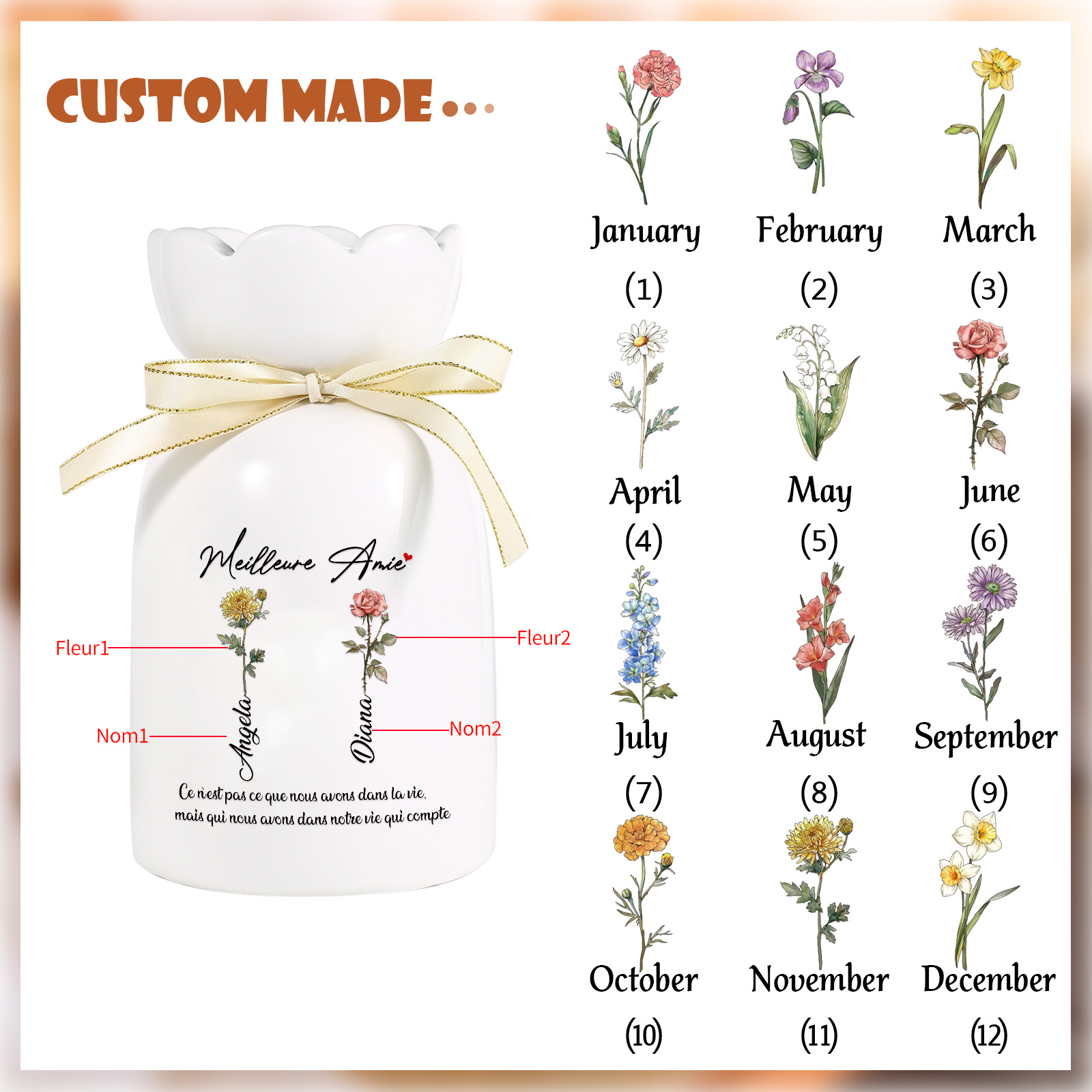 À ma Meilleure Amie - Vase Personnalisé avec Ruban 2 Prénoms et Fleurs de Naissance (sans fleurs) | Jessemade
