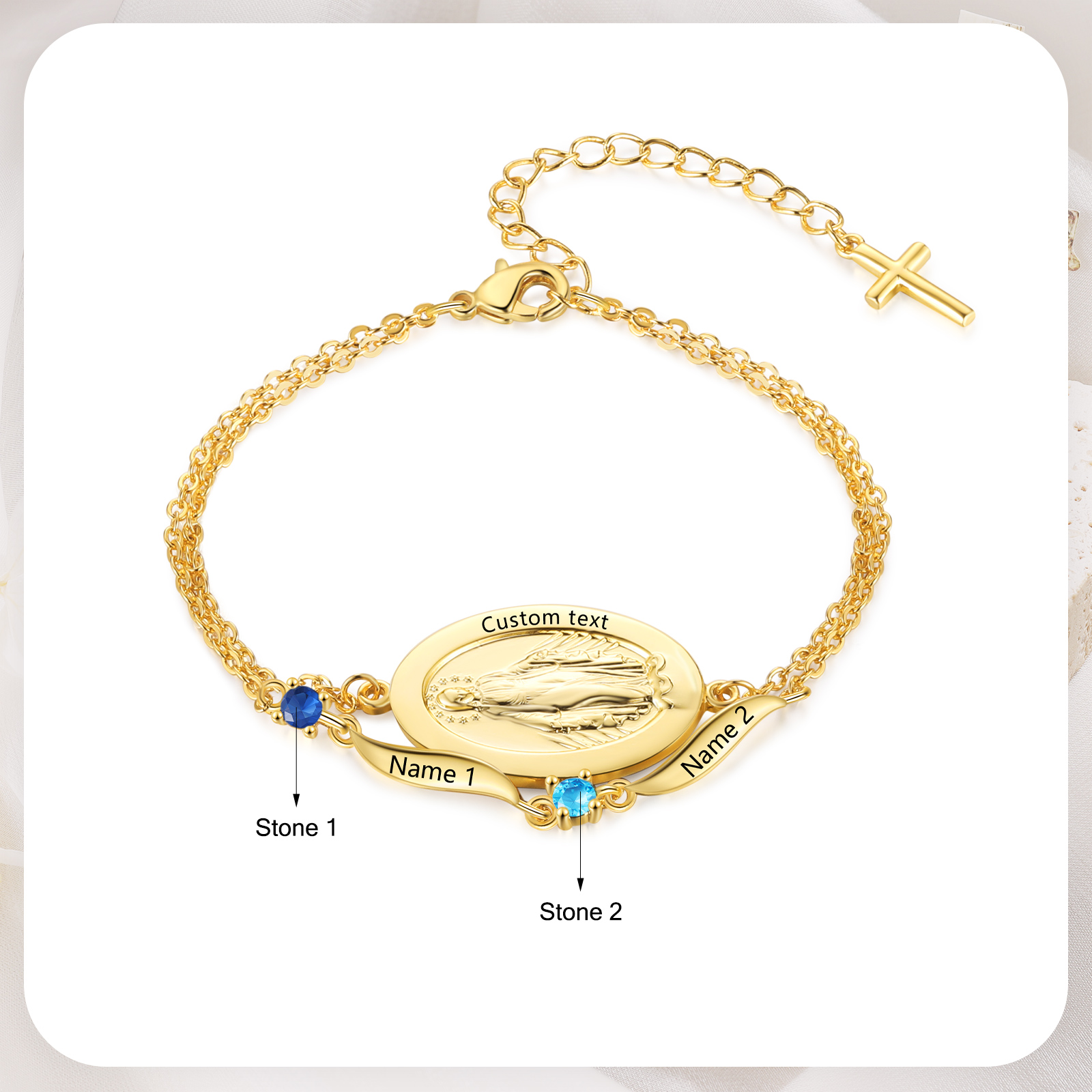 Bracelet avec prénom et pierre de naissance, bracelet croix pour elle