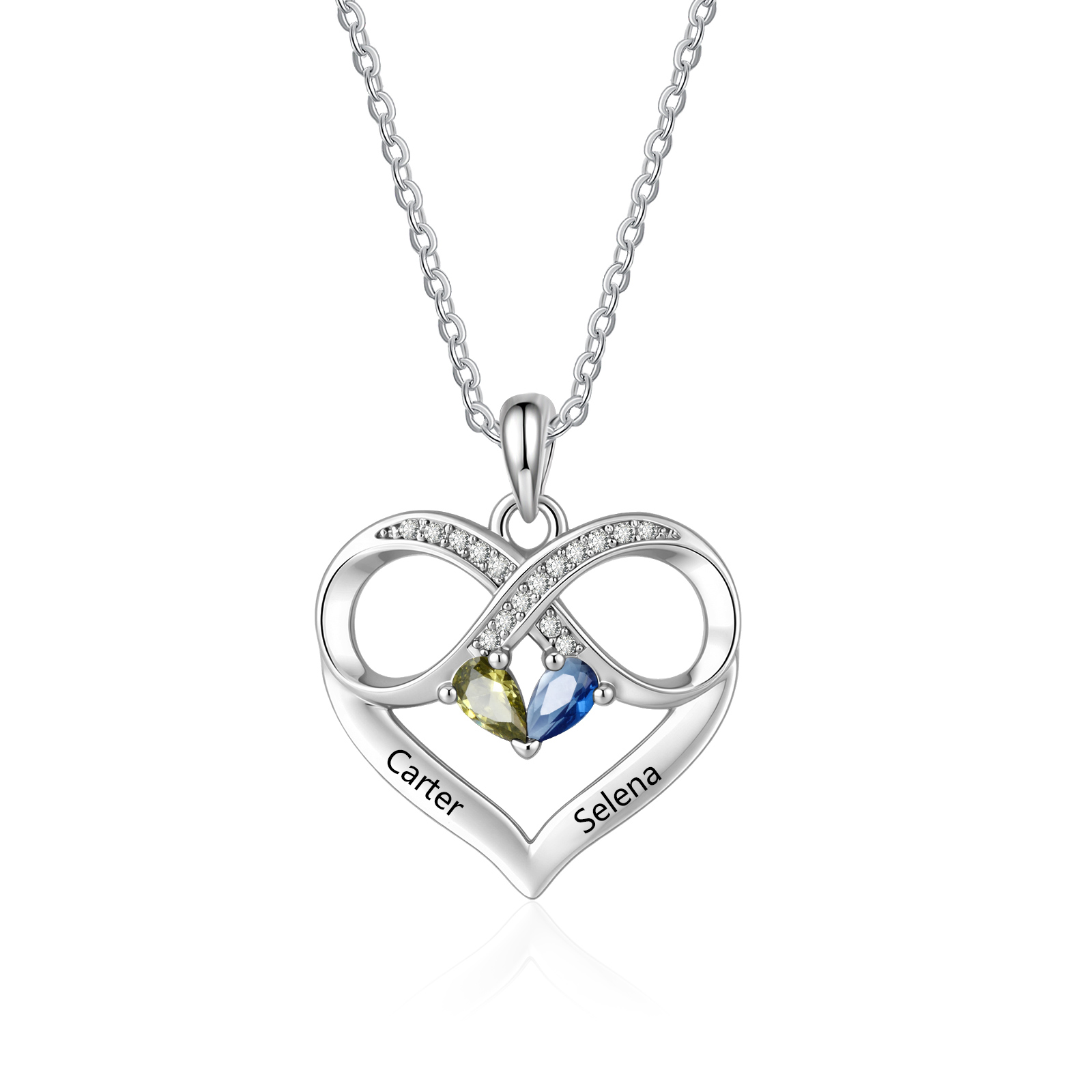 Collier Cœur Personnalisé avec 2 Noms et Pierres de Naissance et un Symbole de l’Infini pour votre Partenaire
