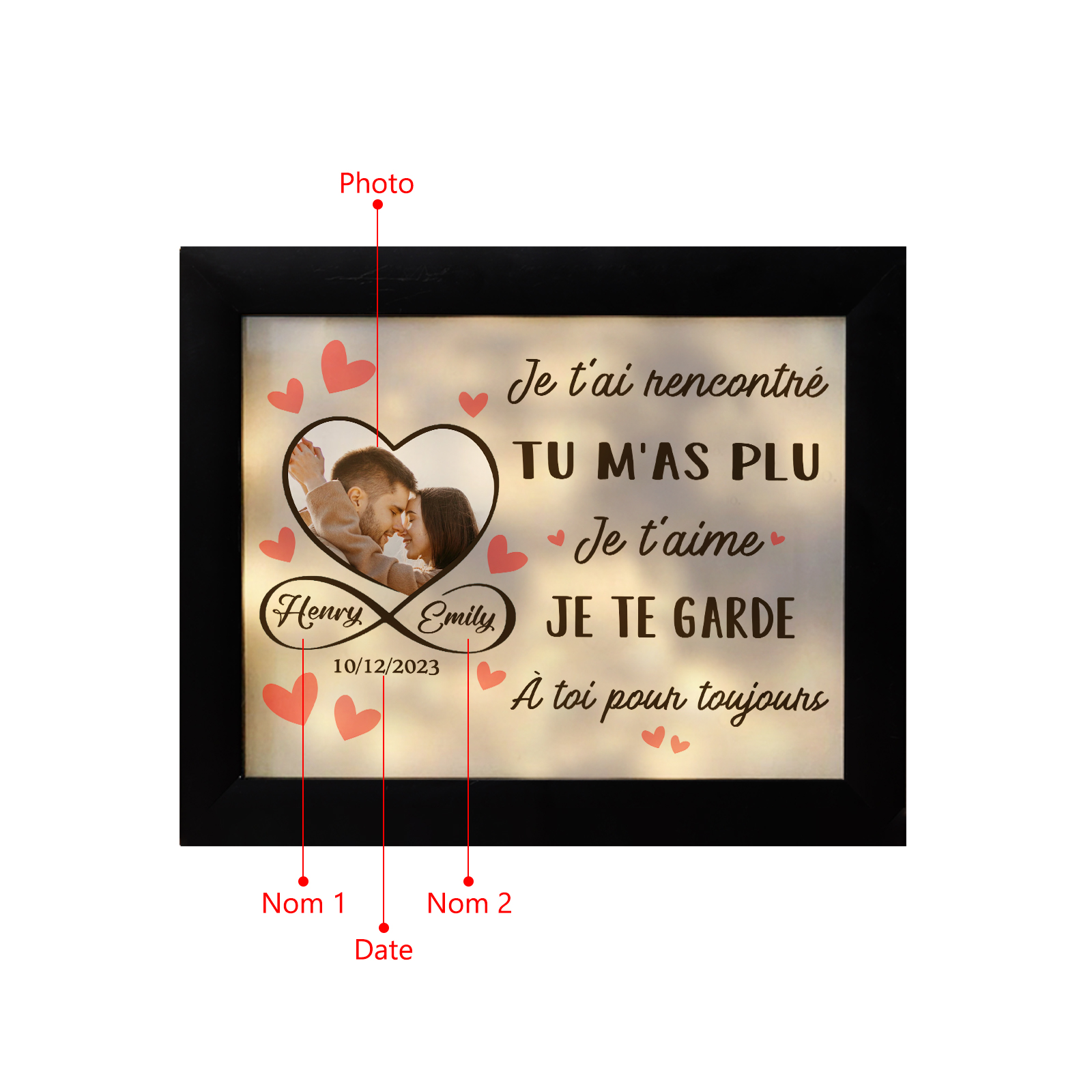 Cadre Photo Lumineux Personnalisé – Prénoms et Date, Cadeau d'Amour pour Couple