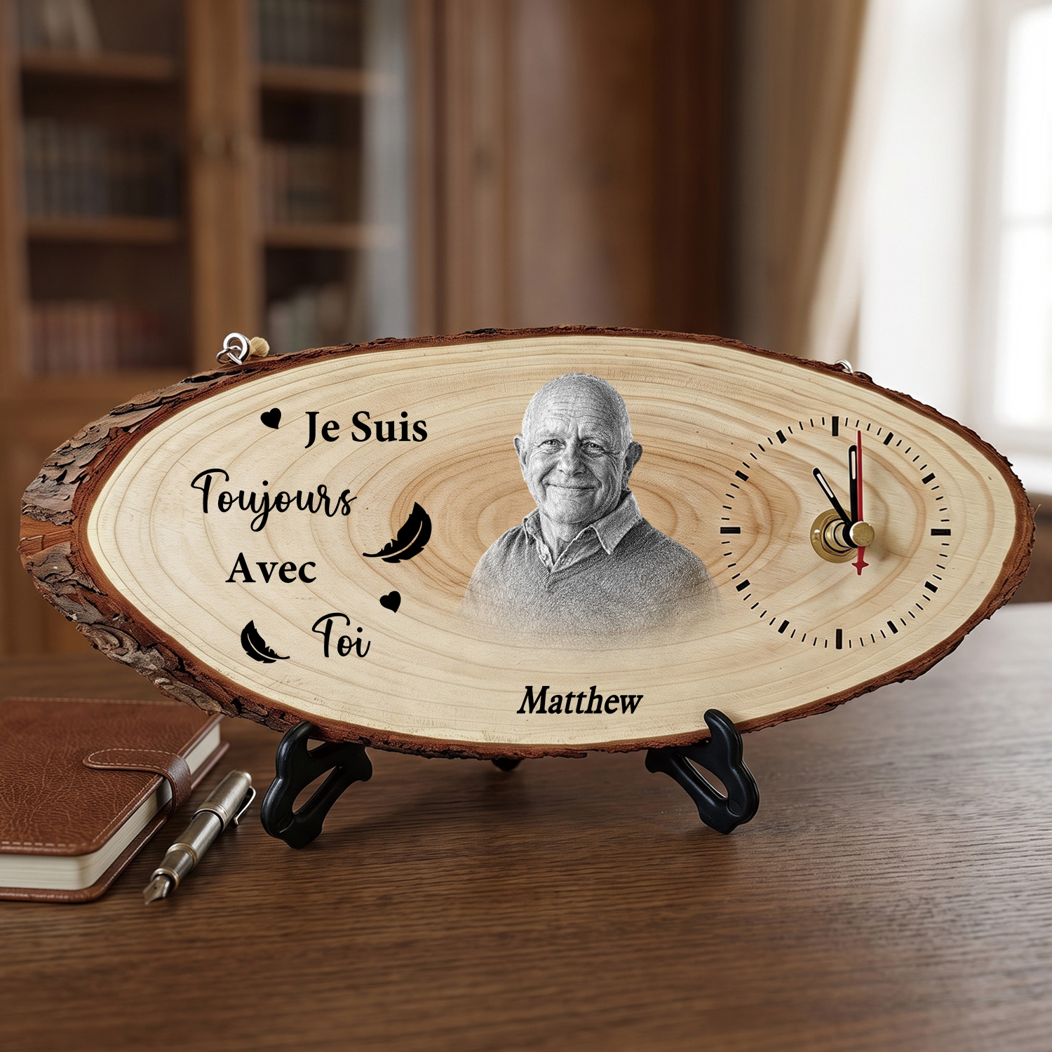 Horloge en Bois Personnalisée Souvenir avec Photo et Prénom – Cadeau Commémoratif pour Famille