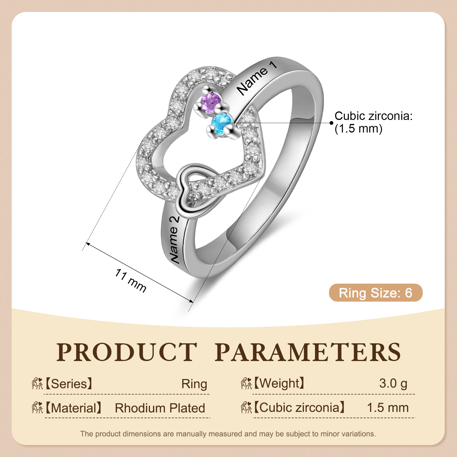 Bague Double Cœur Personnalisée avec 2 à 4 Pierres de Naissance et Prénoms