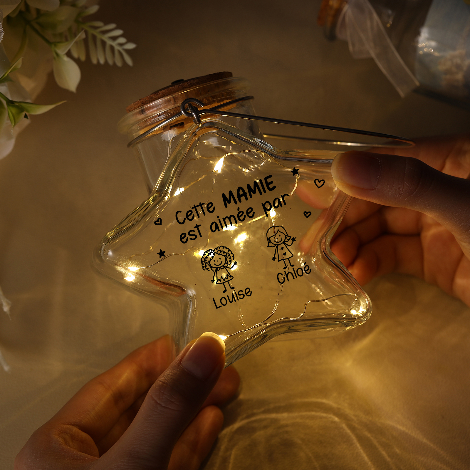 Bocal lumineux LED en verre étoilé Personnalisé pour Maman ou Mamie