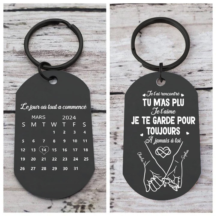 Porte-Clés Acier Inox Noir Gravé Calendrier Couple