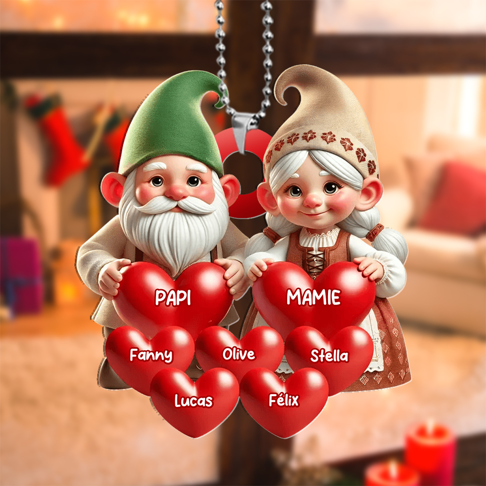 Décoration Sapin de Noël Gnomes Famille, Cœurs et Nom personnalisés