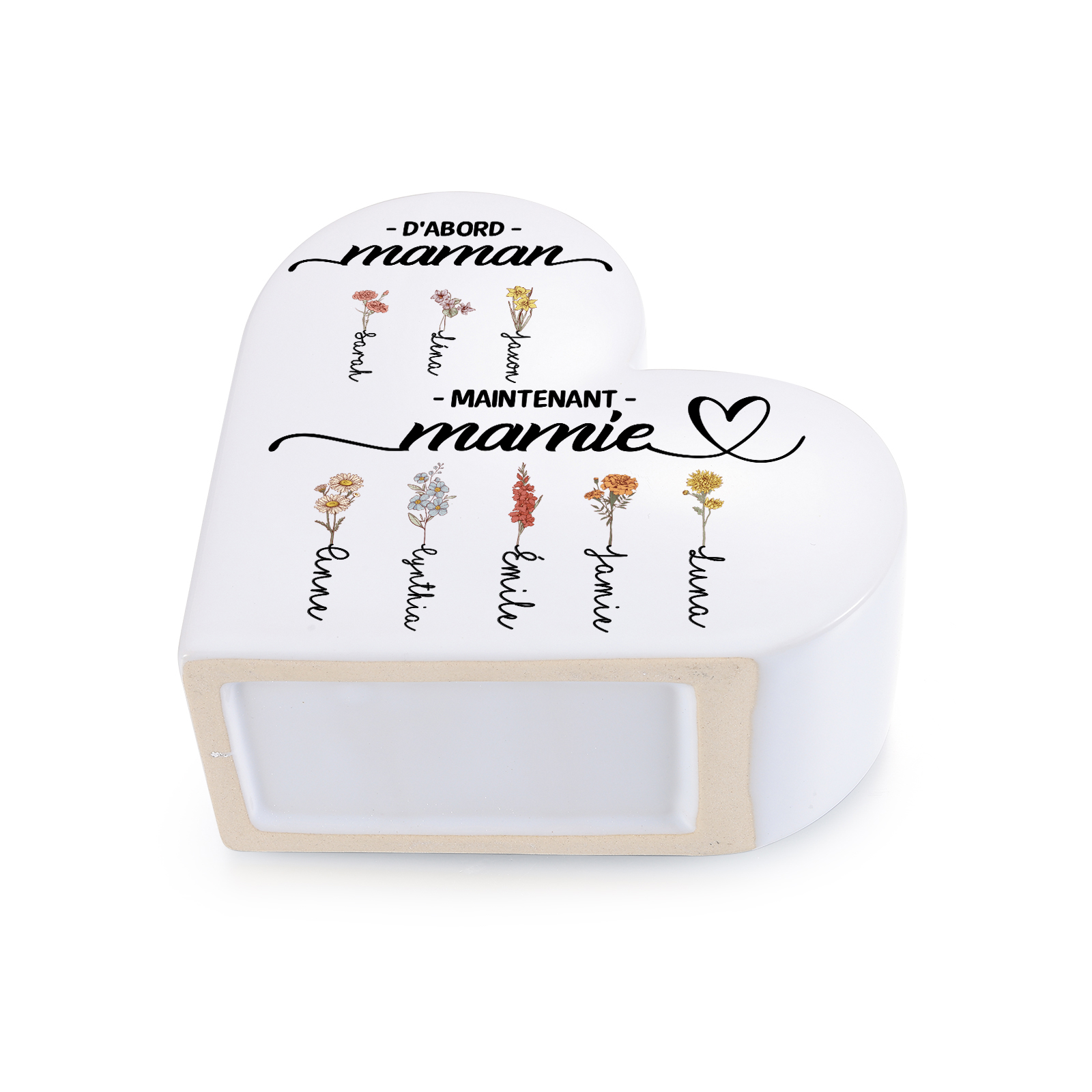 Vase cœur en céramique Personnalisée avec 2 à 12 Fleurs de Naissance et Prénom au choix