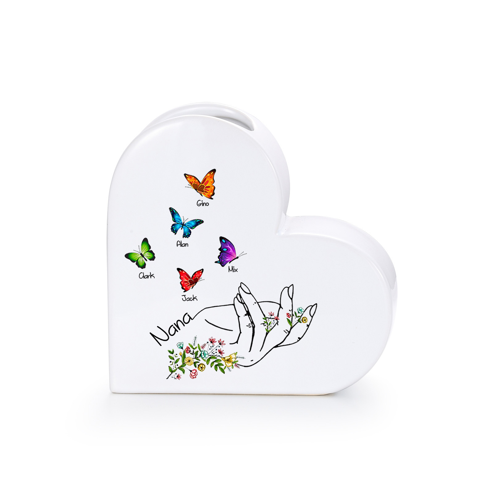 Vase Cœur en Céramique Personnalisé avec 2-8 Prénoms et Papillons