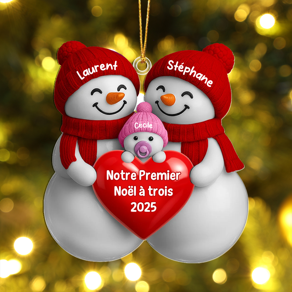 Décoration Sapin Noël Personnalisée avec 3 Bonhommes de Neige pour de Jeunes Parents