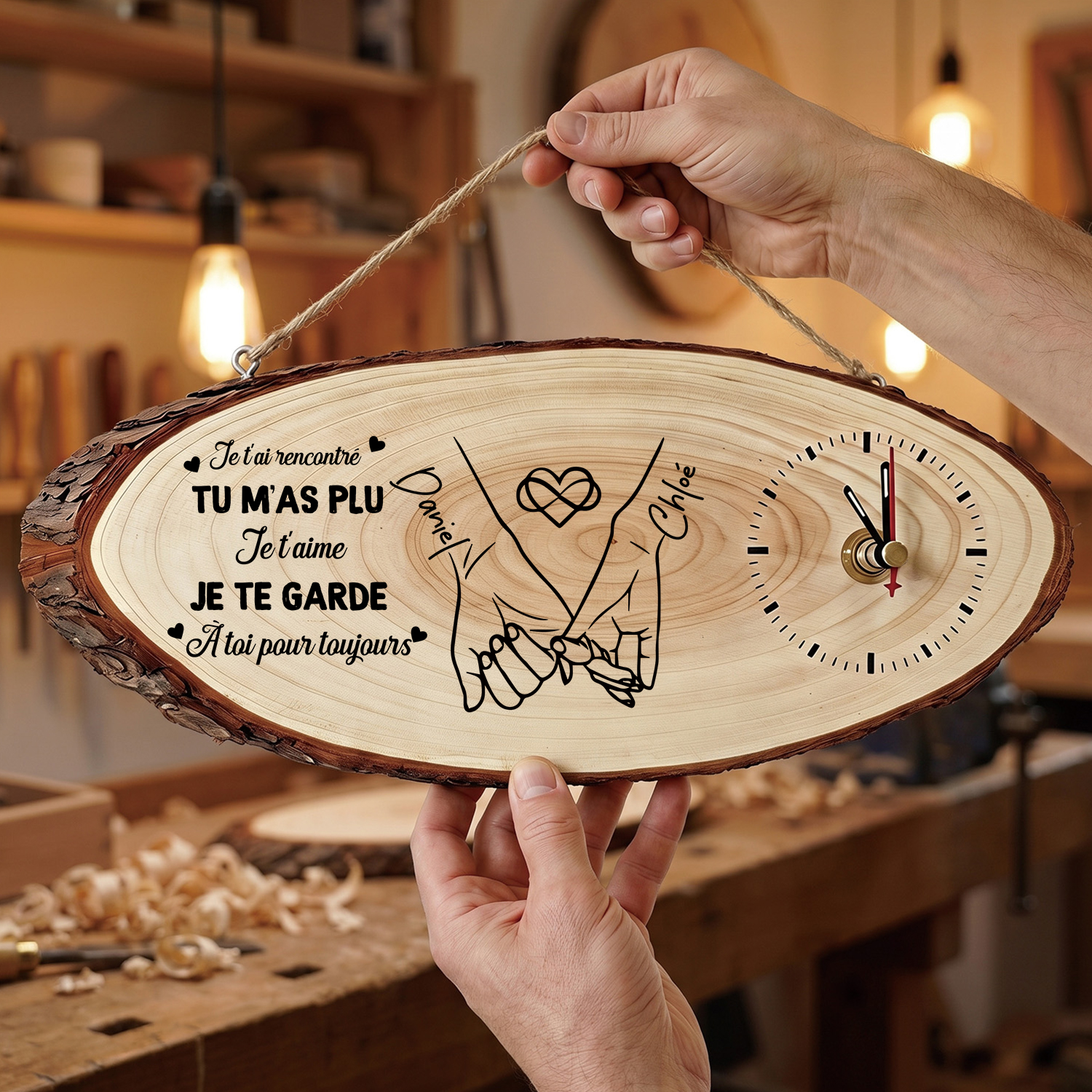 Horloge Murale Personnalisée en Bois avec 2 Prénoms, motif de couple et message romantique