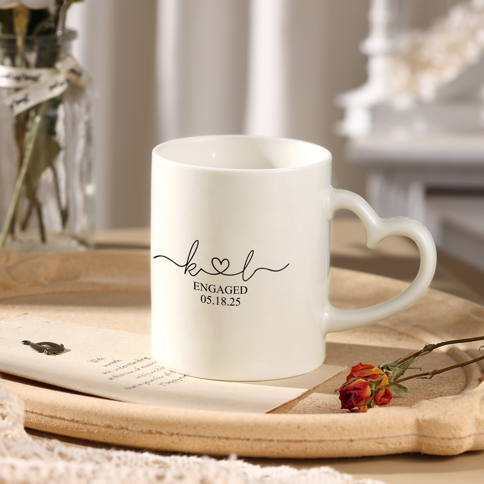 Mug en Céramique Personnalisable à Anse en Forme de Cœur pour Couple/Anniversaire