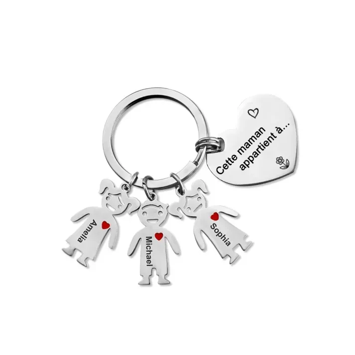 À Maman 3PCS Portefeuille Long Porte-Clés et Carte 3 Prénoms et Dessins Enfant Personnalisés avec 3 Breloques Enfant | Jessemade