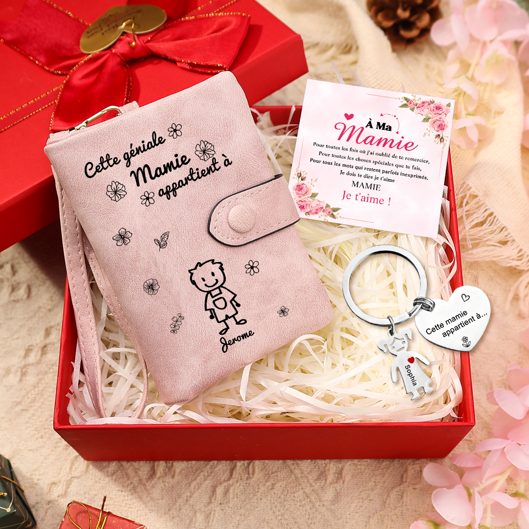 À Mamie - 3PCS - Portefeuille et Porte-Clés 1-5 Prénoms et Enfants Personnalisés avec Carte et Coffret | Jessemade