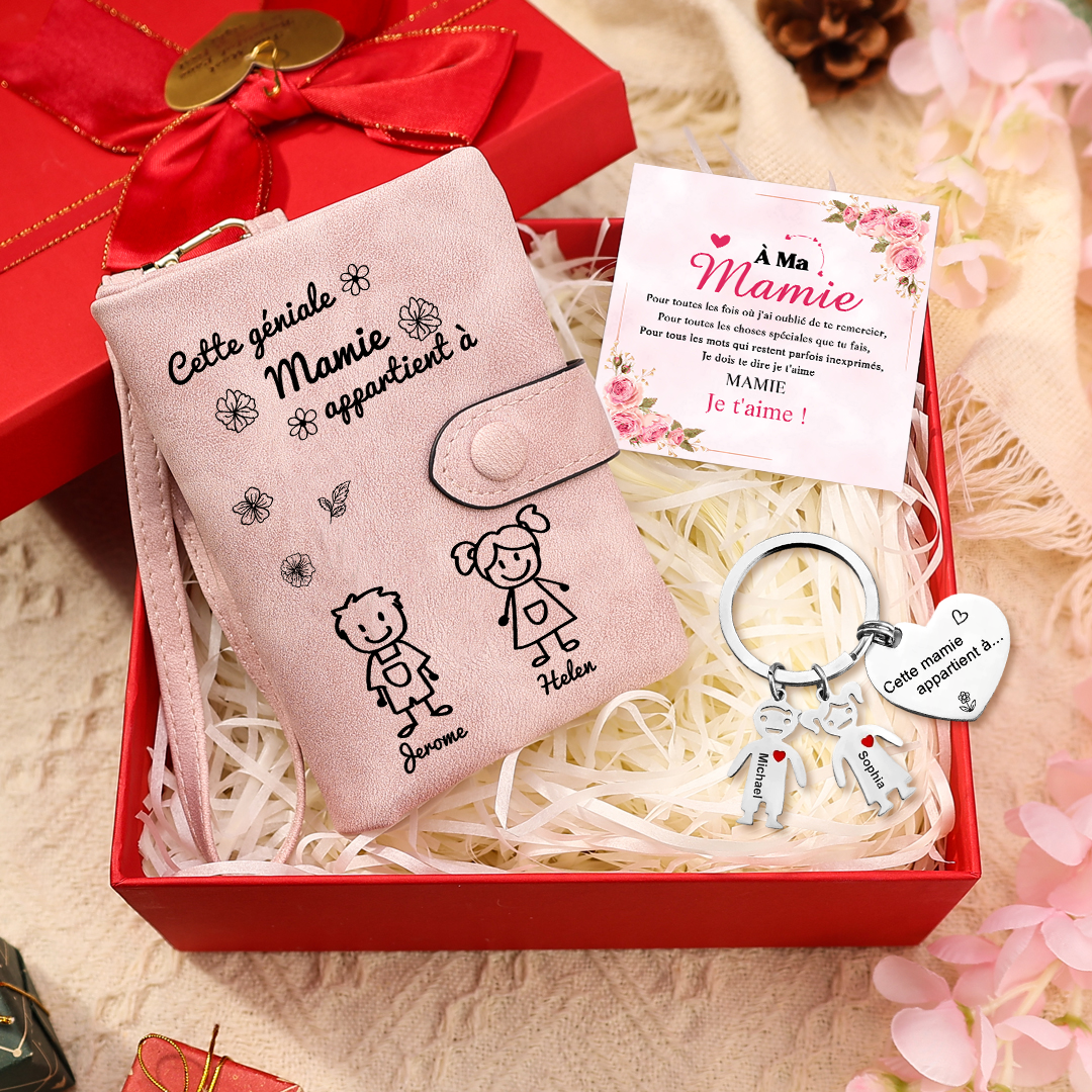 À Mamie - 3PCS - Portefeuille et Porte-Clés 1-5 Prénoms et Enfants Personnalisés avec Carte et Coffret | Jessemade