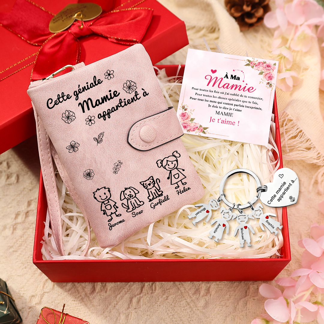 À Mamie - 3PCS - Portefeuille et Porte-Clés 1-5 Prénoms et Enfants Personnalisés avec Carte et Coffret | Jessemade