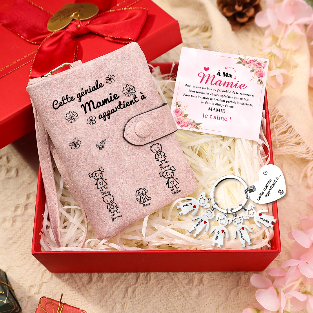 À Mamie - 3PCS - Portefeuille et Porte-Clés 1-5 Prénoms et Enfants Personnalisés avec Carte et Coffret | Jessemade