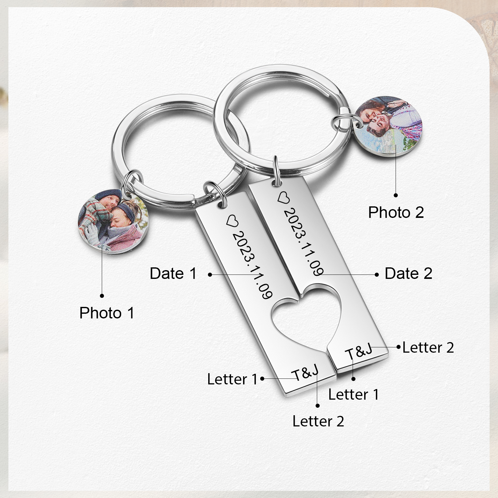 À mon Amour - Porte-Clés 2 Lettres et 2 Photos Personnalisées avec 2 Dates Cadeau Coffret pour Couple｜Jessemade