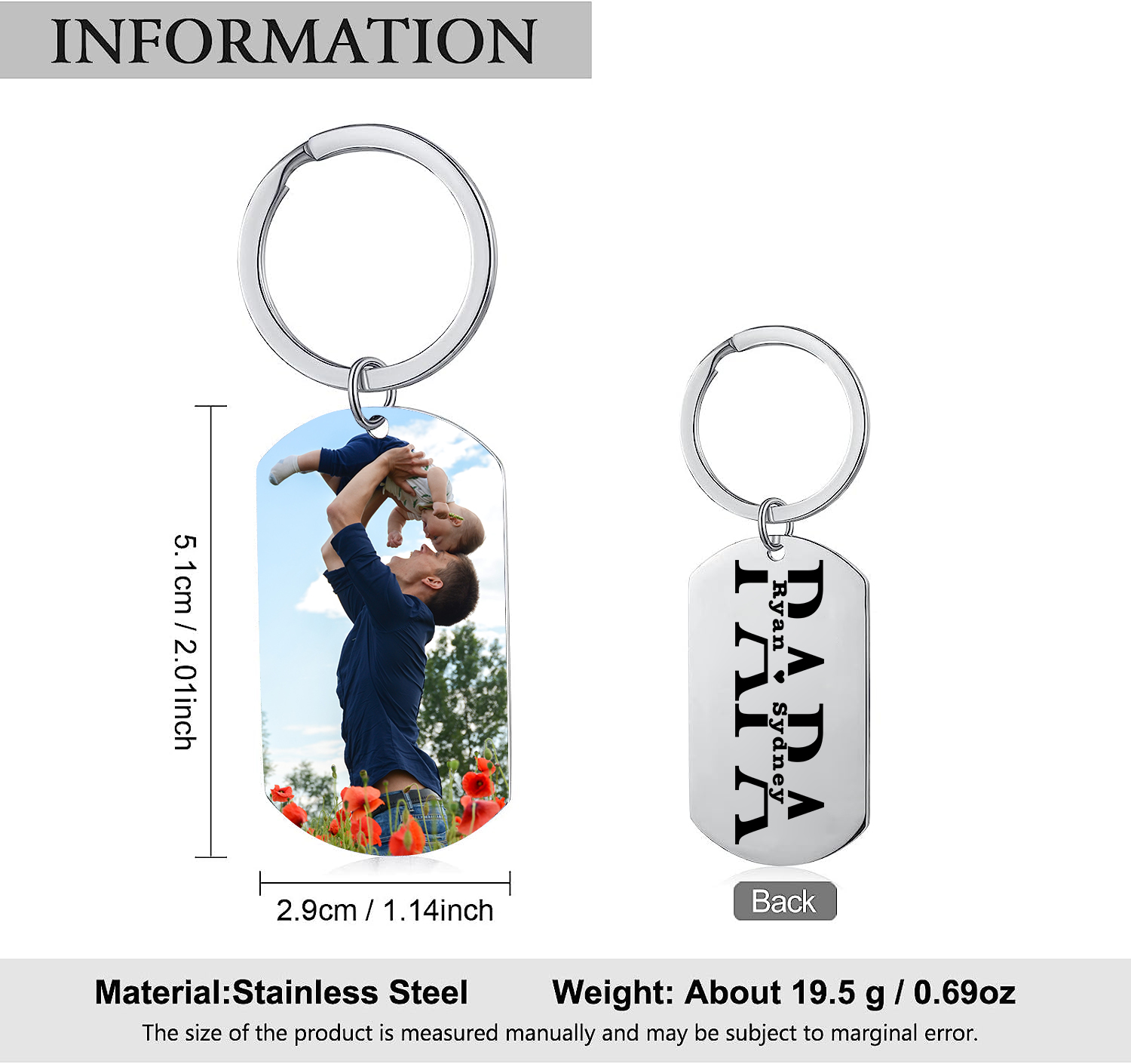 À mon Papa - Porte-Clés Personnalisé avec 2-5 Prénoms avec 1 Photo Gravée | Jessemade