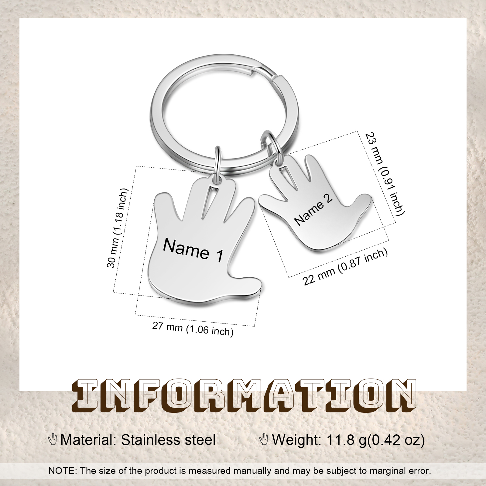 Porte-Clés Mains 2 Prénoms Personnalisés Porte-clé famille