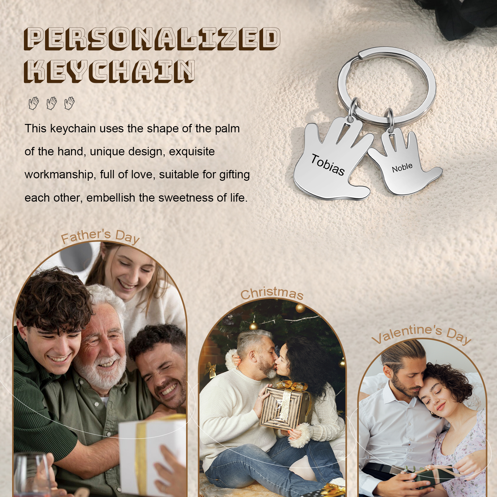 Porte-Clés Mains 2 Prénoms Personnalisés Porte-clé famille