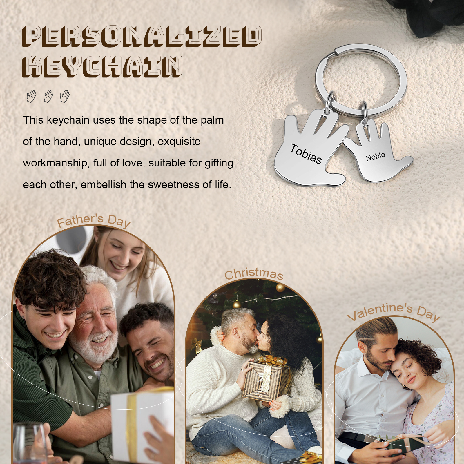 Porte-Clés Mains 2 Prénoms Personnalisés Porte-clé famille