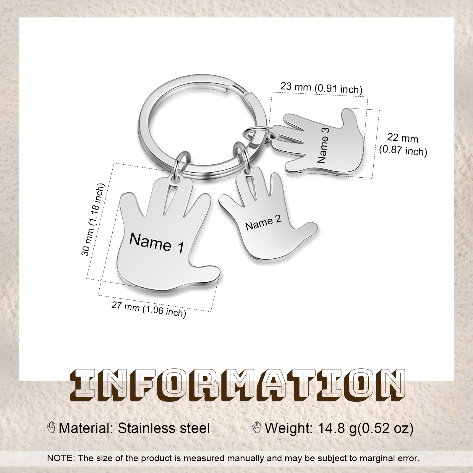 Porte-Clés Mains 3 Prénoms Personnalisés Porte-clé famille