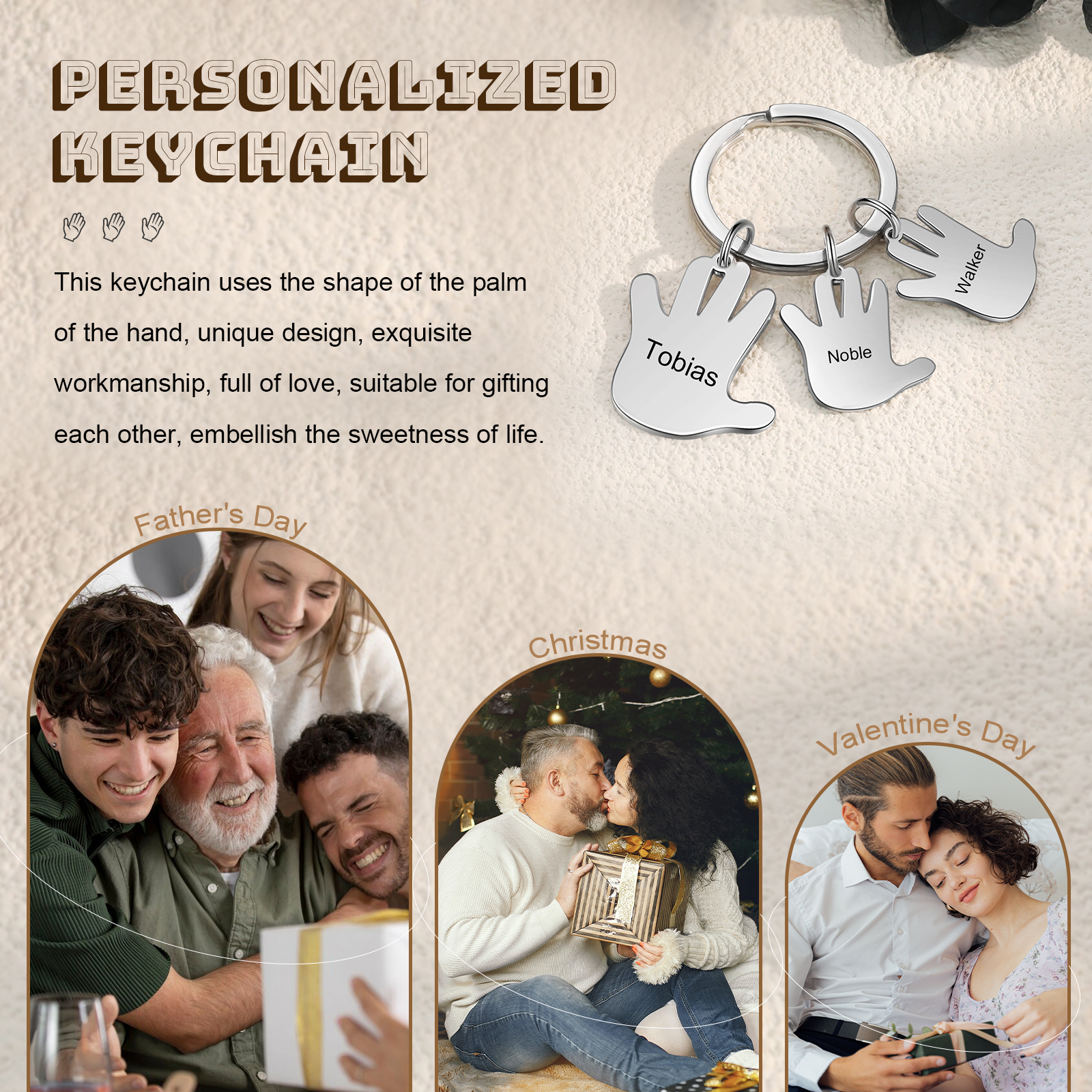 Porte-Clés Mains 3 Prénoms Personnalisés Porte-clé famille