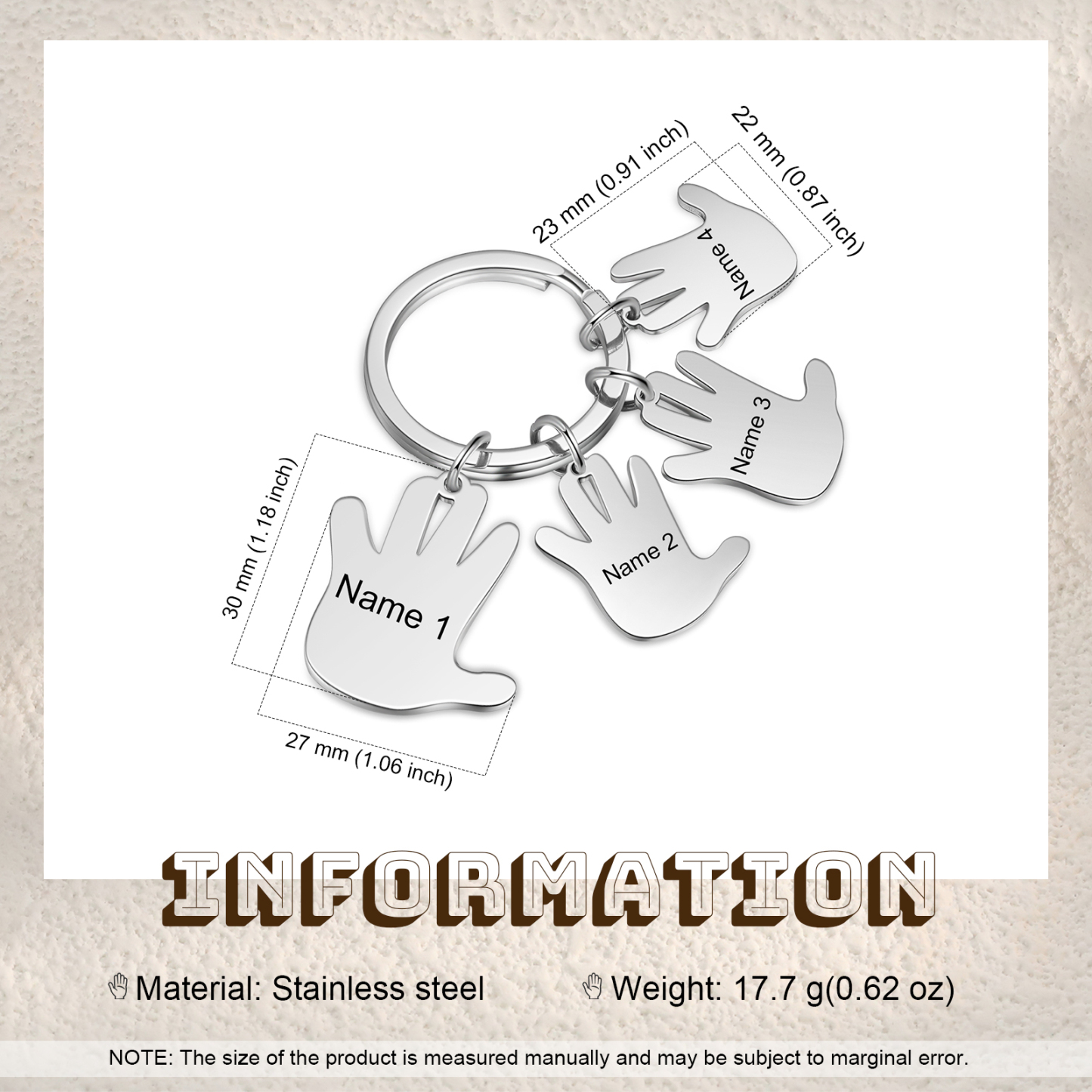 Porte-Clés Mains 4 Prénoms Personnalisés Porte-clé famille