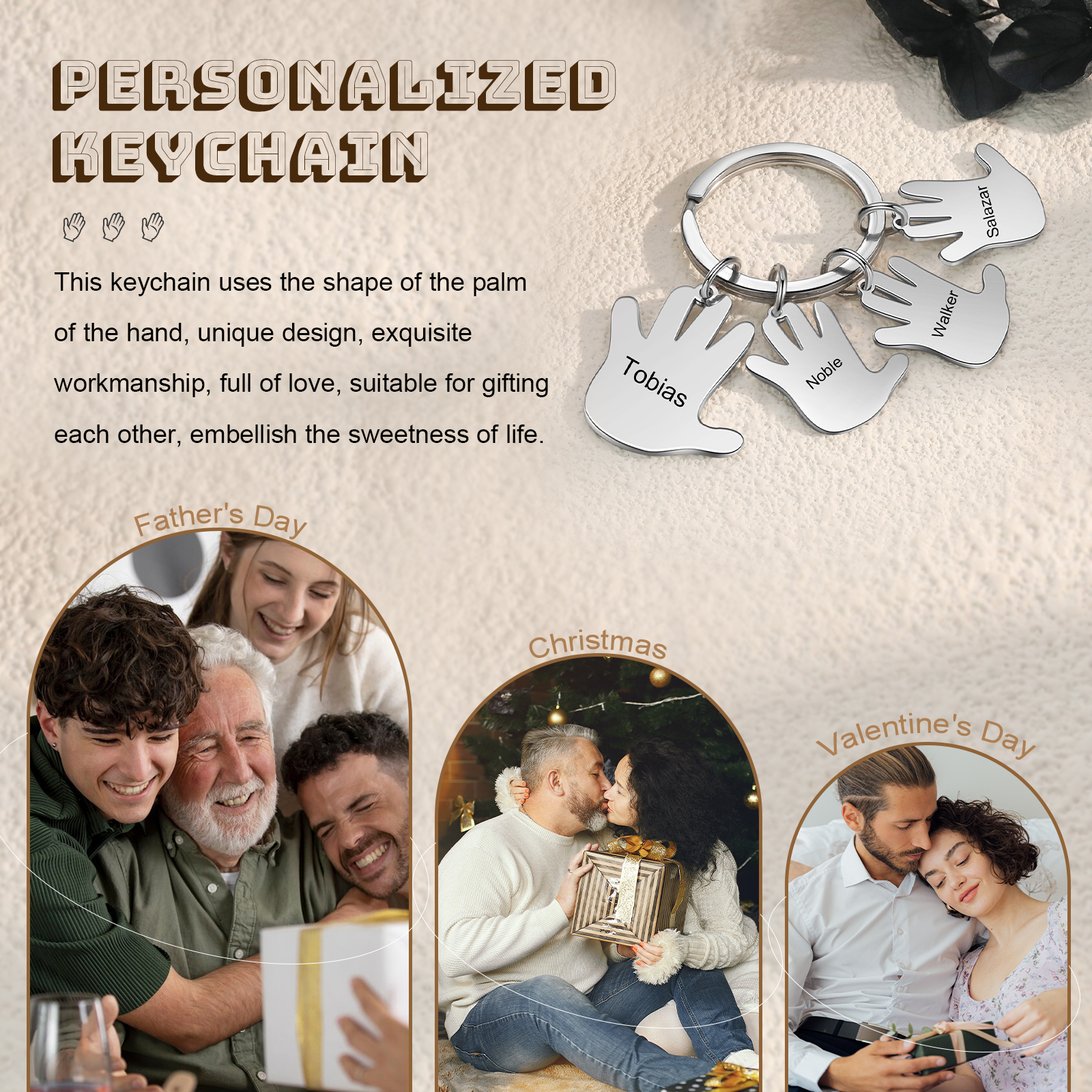 Porte-Clés Mains 4 Prénoms Personnalisés Porte-clé famille