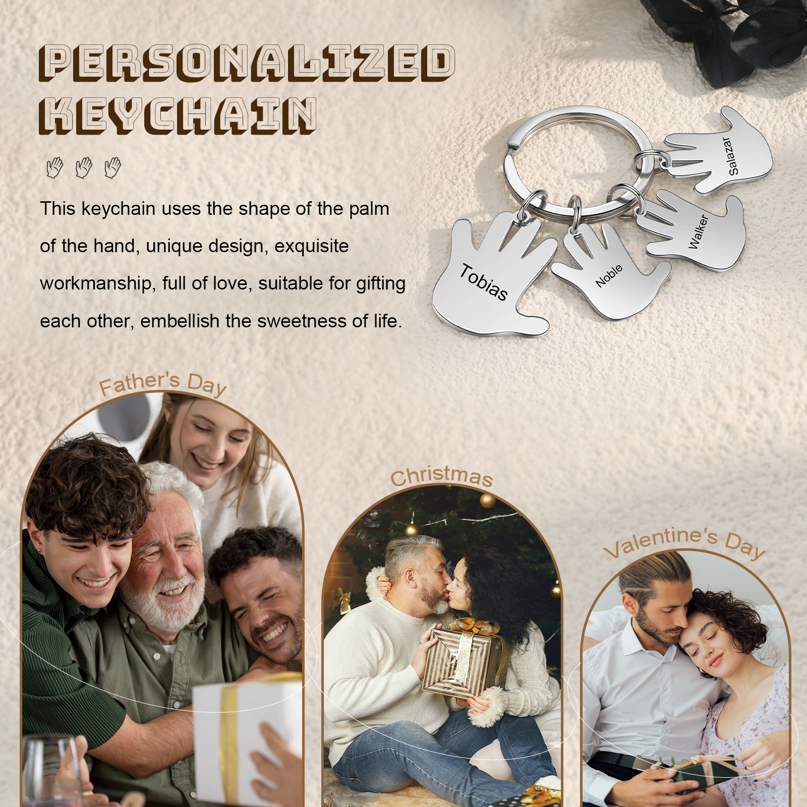 Porte-Clés Mains 4 Prénoms Personnalisés Porte-clé famille