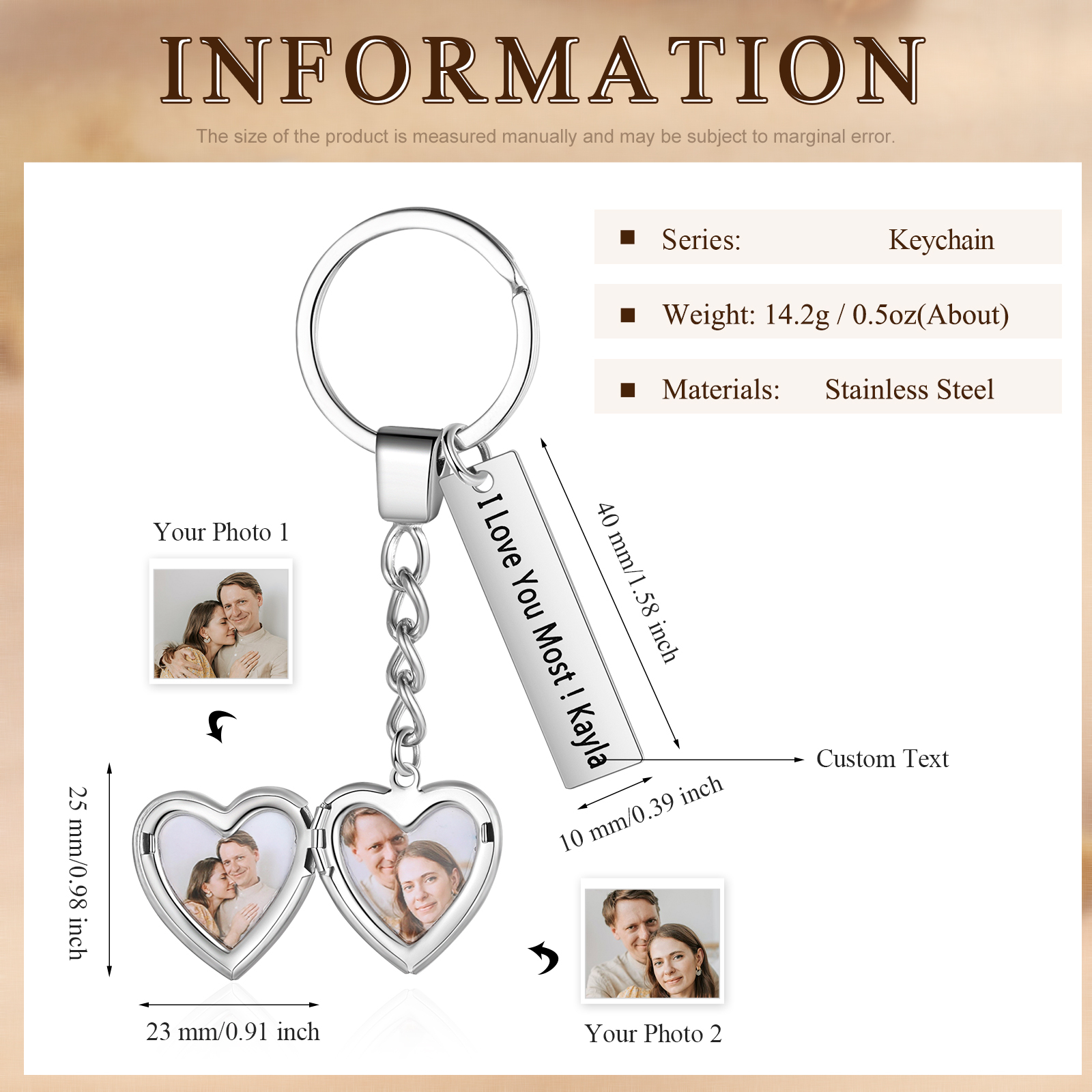 Porte-Clés 2 Photos Personnalisés Avec 1 texte Cadeau pour couple| Jessemade