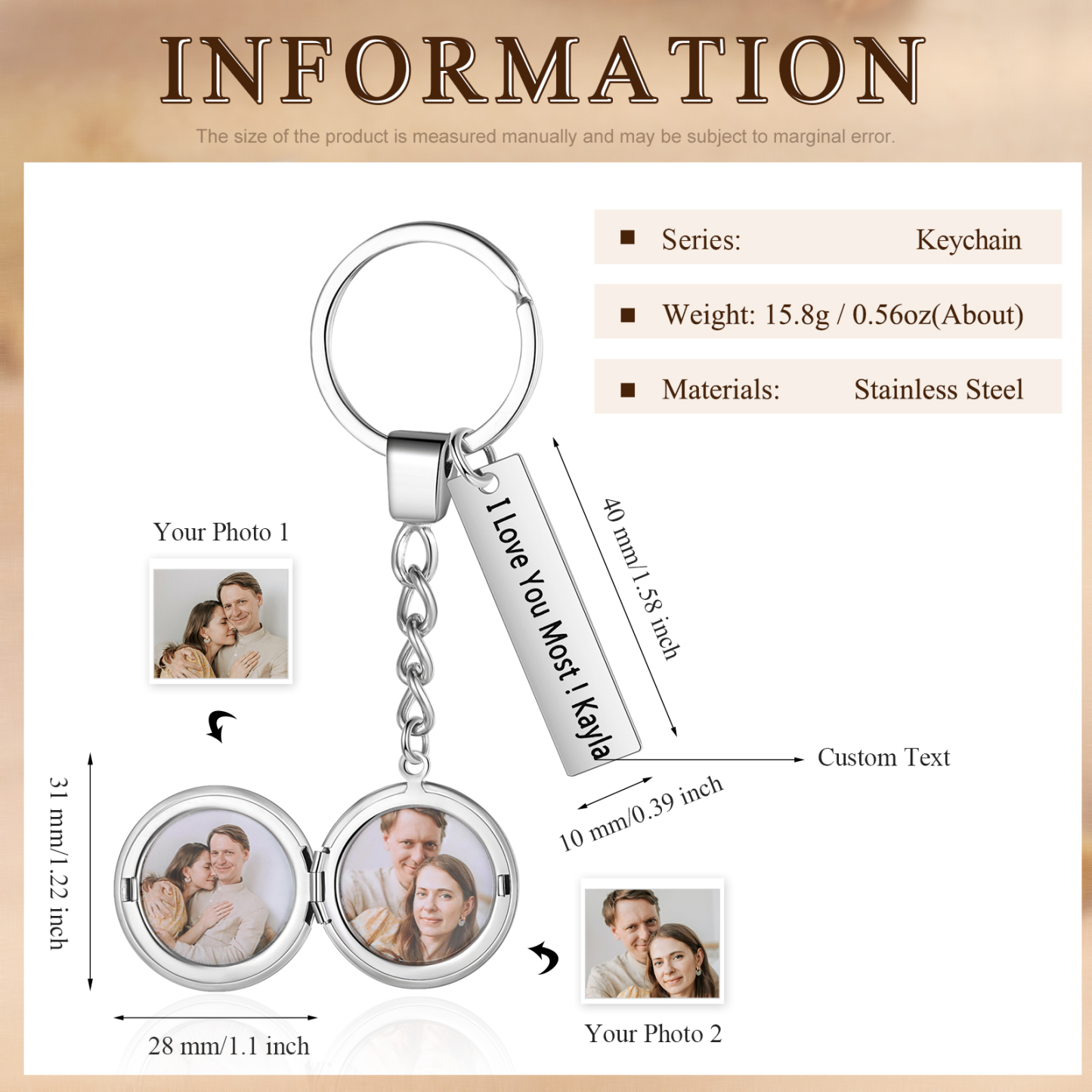 Porte-Clés 2 Photos Personnalisés Avec 1 texte Cadeau pour couple| Jessemade