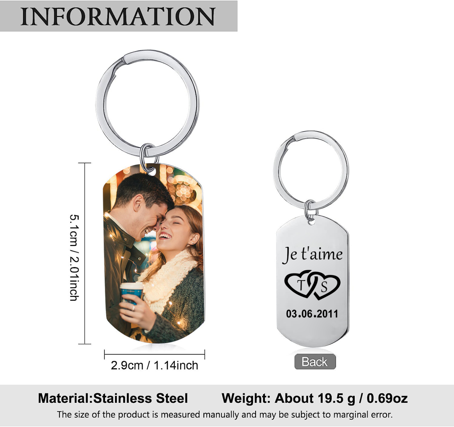 Porte-Clés amour 2 Lettres et1 Photo Personnalisé avec Texte et date Cadeau pour couple le saint-valentin | Jessemade