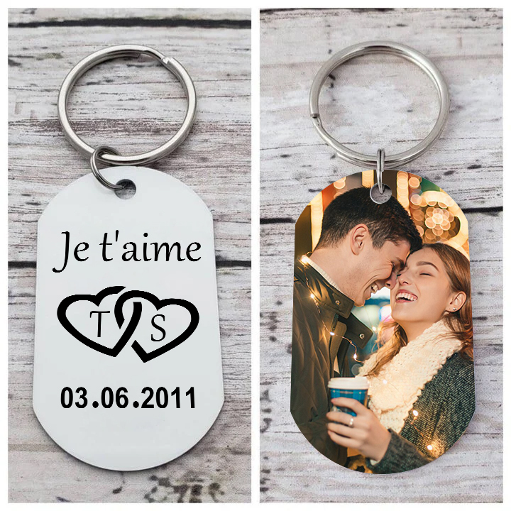 Porte-Clés amour 2 Lettres et1 Photo Personnalisé avec Texte et date C