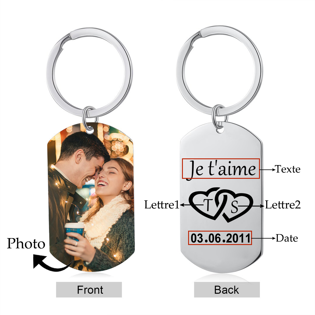 Porte-Clés amour 2 Lettres et1 Photo Personnalisé avec Texte et date Cadeau pour couple le saint-valentin | Jessemade