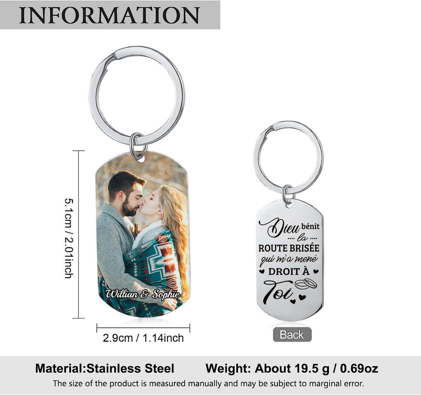 Porte-Clés amour 1 Photo Personnalisé avec Texte Cadeau pour couple le saint-valentin | Jessemade