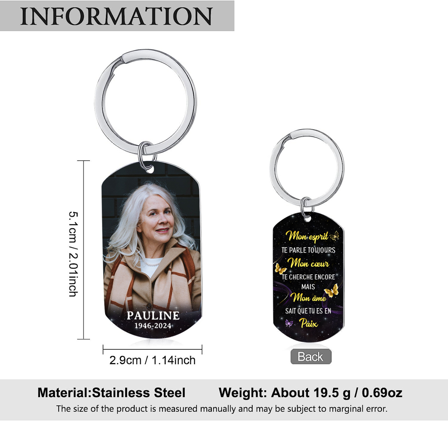 À Mamie/Papi Porte-Clés Acier inoxydable 1 Prénom Personnalisé avec photo et années Cadeau Commémoratif pour mamie/papi | Jessemade