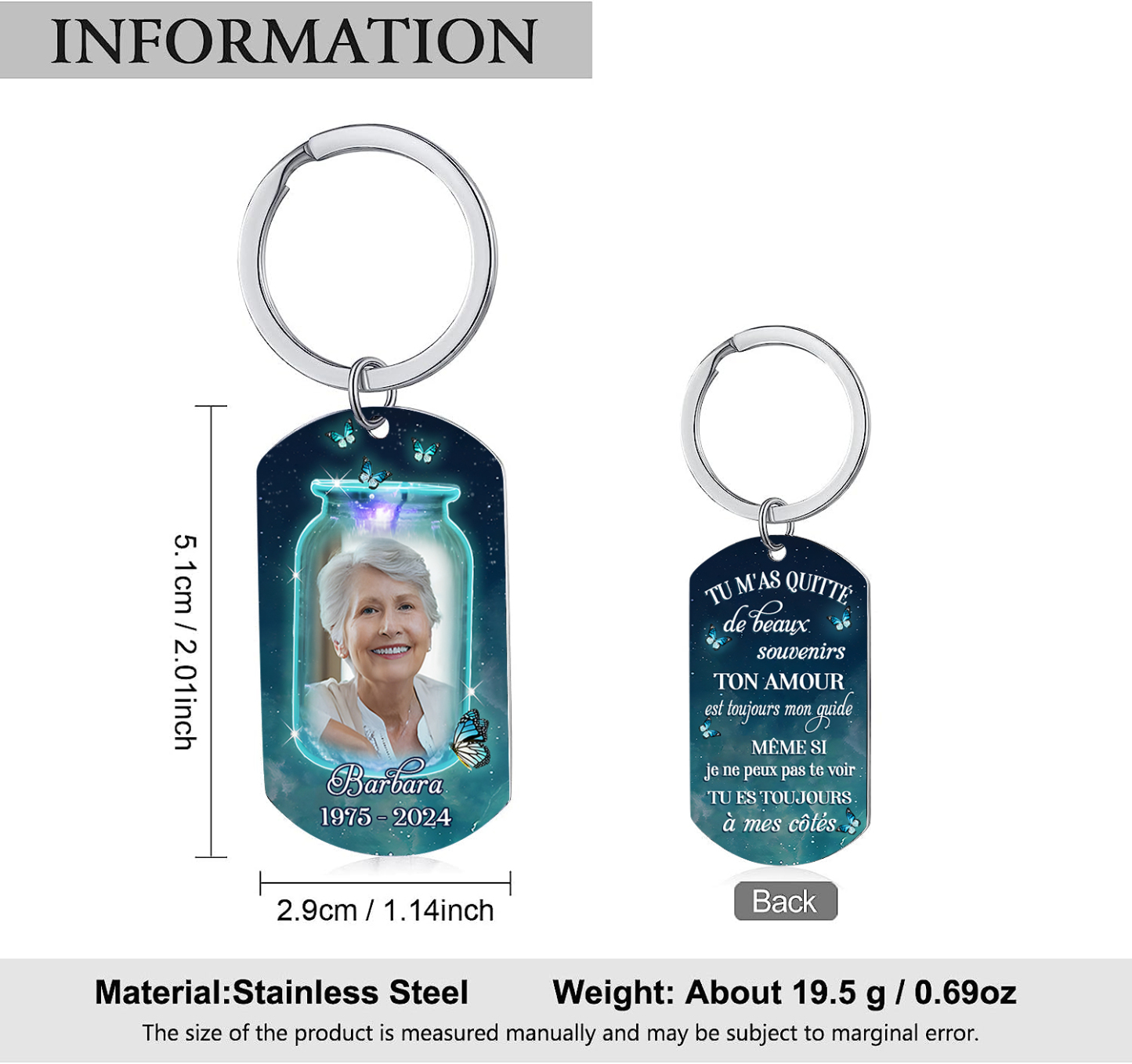 À Mamie/Papi Porte-Clés Acier inoxydable Commémoratif 1 Prénom Personnalisé avec photo et années Cadeau pour mamie/papi | Jessemade