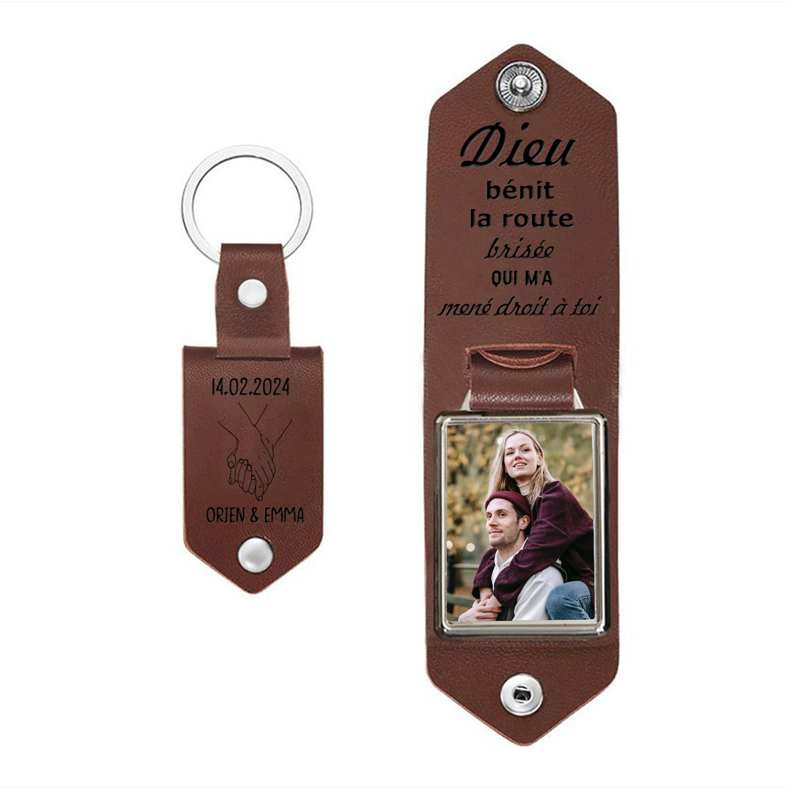 Porte-Clés en Cuir 2 Prénoms et Photo Personnalisés Avec Date Cadeau pour couple le saint-valentin | Jessemade