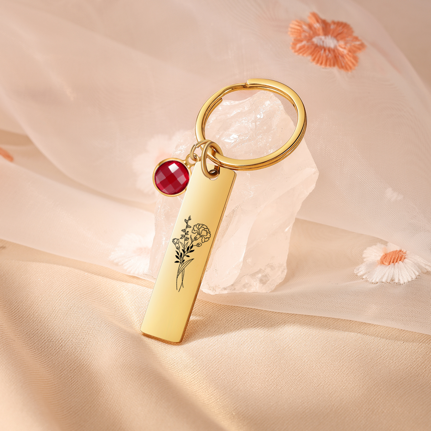 Porte-clés Fleur de naissance Personnalisé avec 1 pierre de naissance Cadeau pour femme | Jessemade