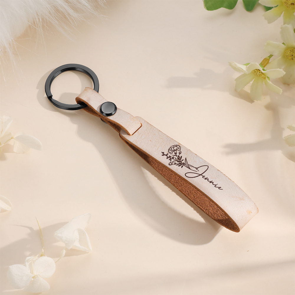 Porte-Clés en Cuir 1 prénom Personnalisé avec Fleur de Naissance | Jessemade